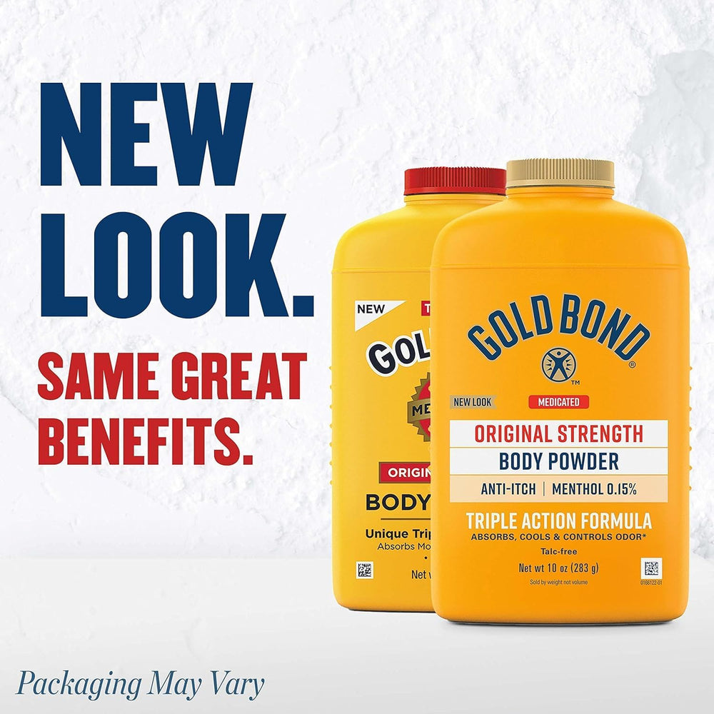 Gold Bond medicated powder label highlights talc-free formula and triple action relief.