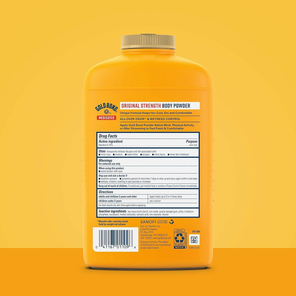 Gold Bond medicated powder pour spout enables easy application and absorption.
