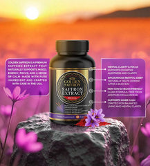 Golden Saffron capsules closeup highlights saffron extract and capsules