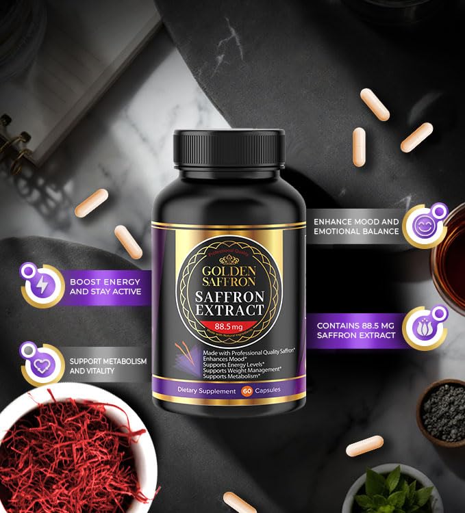 Golden Saffron capsules in-use lifestyle scene at desk for focus