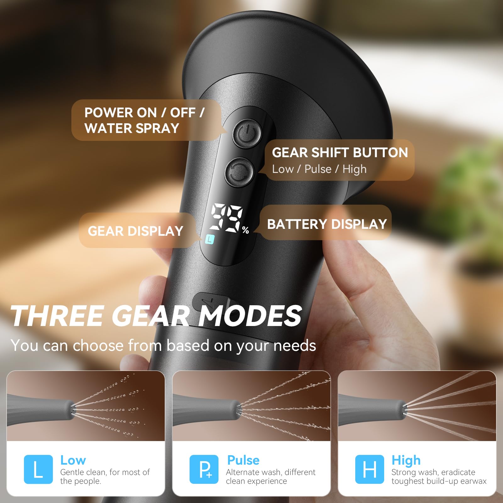 GOLFOEE ear cleaner LED display, clear battery and mode reading.