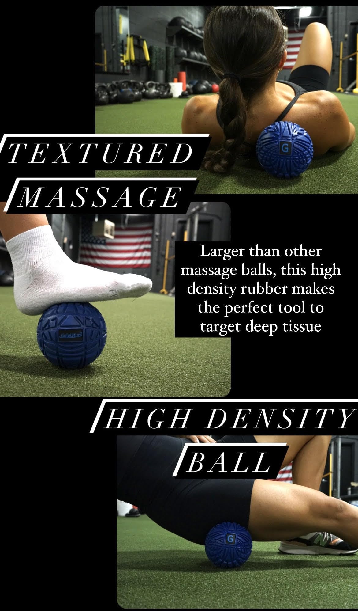 GolgiStim Large Trigger Point Ball under foot for plantar massage and recovery.