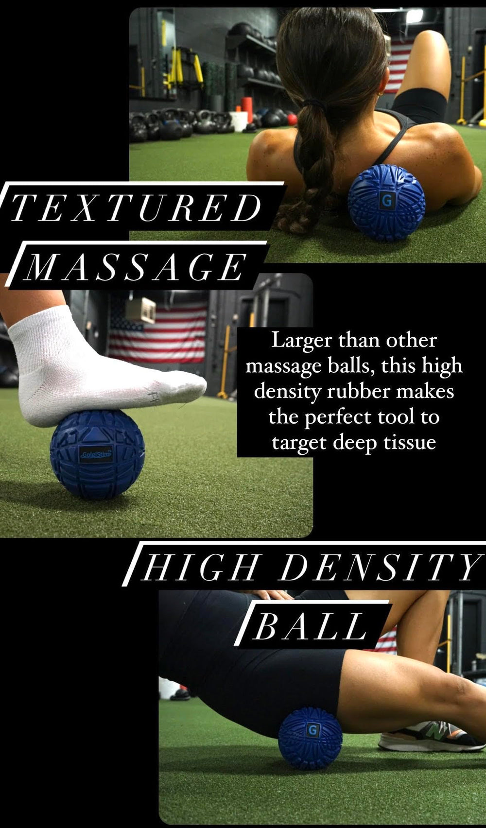 GolgiStim Large Trigger Point Ball under foot for plantar massage and recovery.