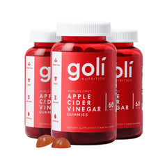 Goli Apple Cider Vinegar gummy bottle highlighting vegan, gluten-free formula for daily wellness.