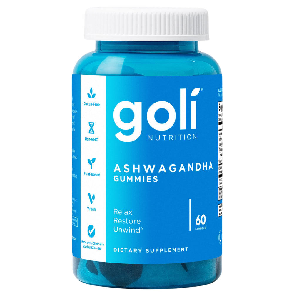 Goli Ashwagandha Gummies bottle highlighting KSM-66 and Vitamin D for daily wellness