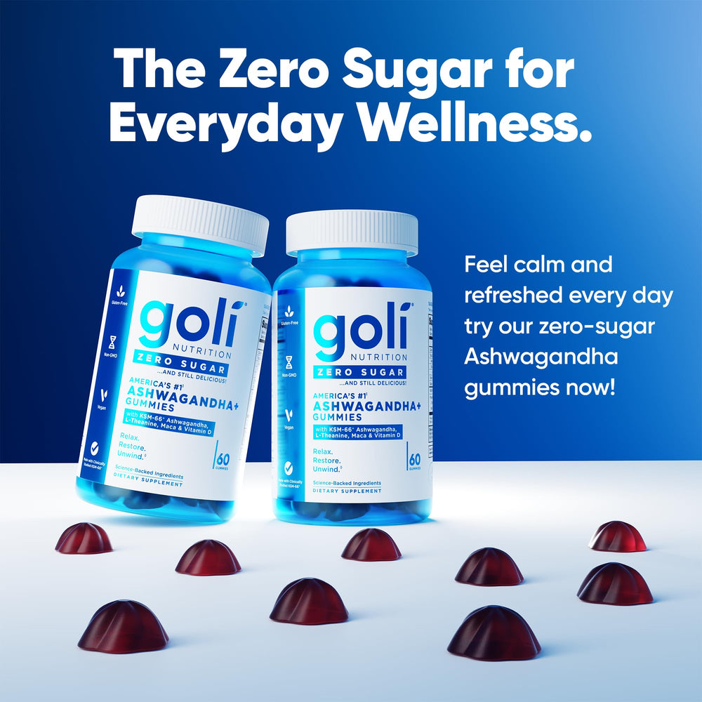 Goli gummies close-up showing L-Theanine and Maca with vegan formula