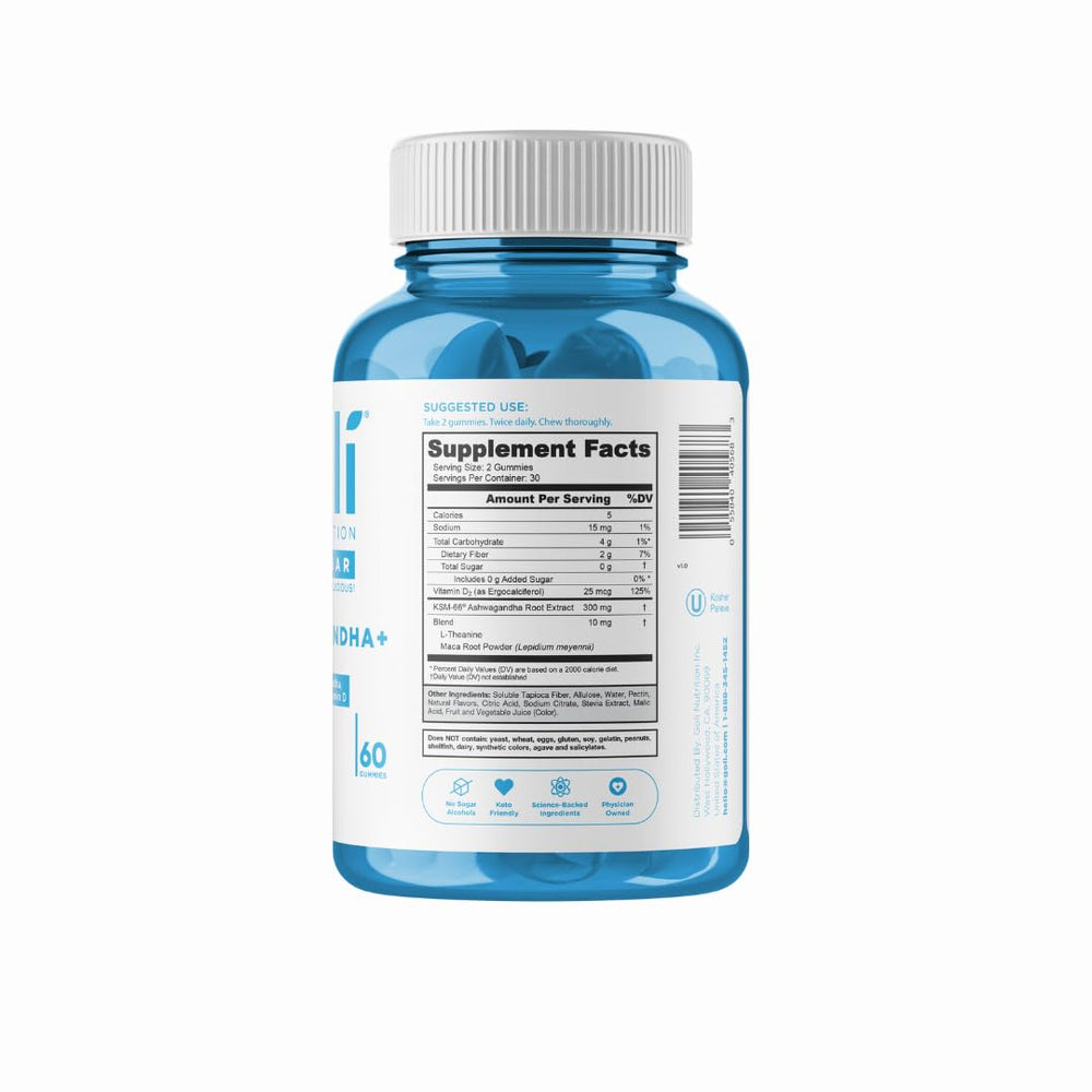 Goli Vitamin D enriched Ashwagandha gummies bottle on counter