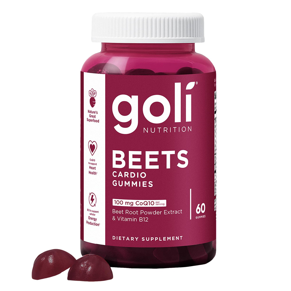 Goli Beets Cardio Gummies with CoQ10 in bottle, supporting daily energy.