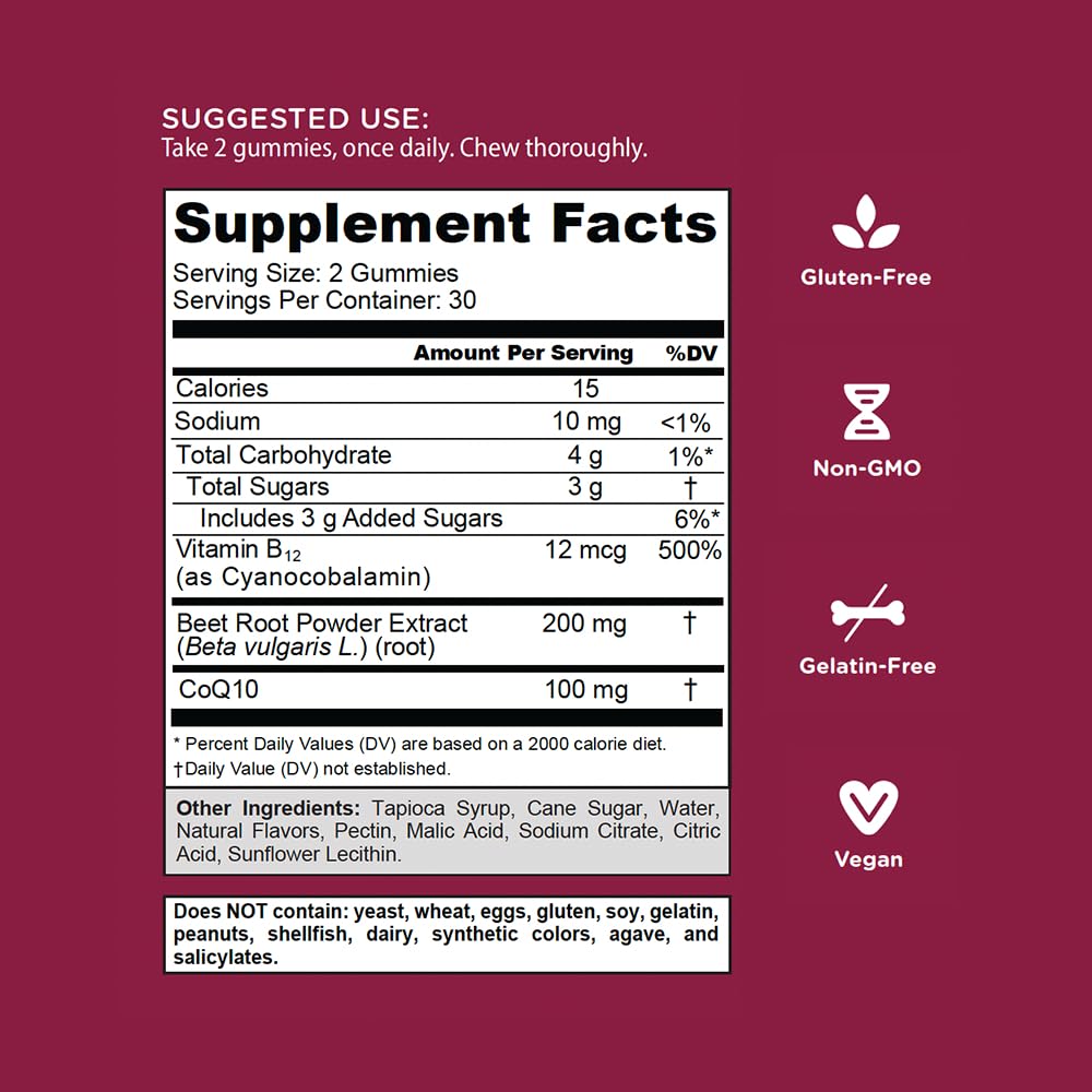 Vitamin B12 label on Goli Beets Cardio Gummies emphasizing daily wellness