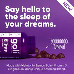 Goli Dreamy Sleep Gummy packaging highlights vegan and gluten-free promise.
