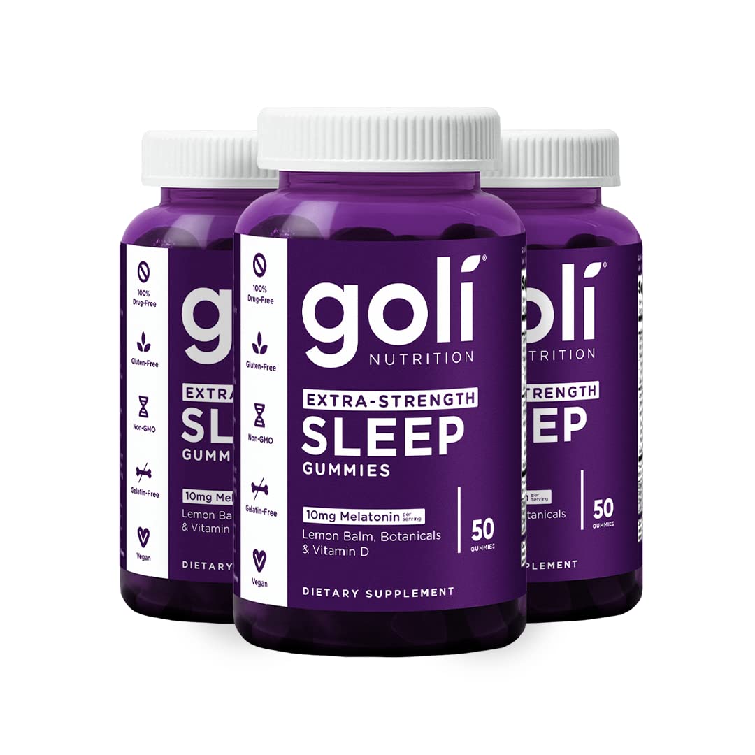 Goli Extra-Strength Sleep Gummies bottle front highlighting 10 mg melatonin for nightly routines