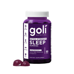 Goli Extra-Strength Sleep Gummies bottle with label and gummies for nightly rest.