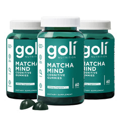 Goli Matcha Mind gummies bottle on desk for daily focus routine.