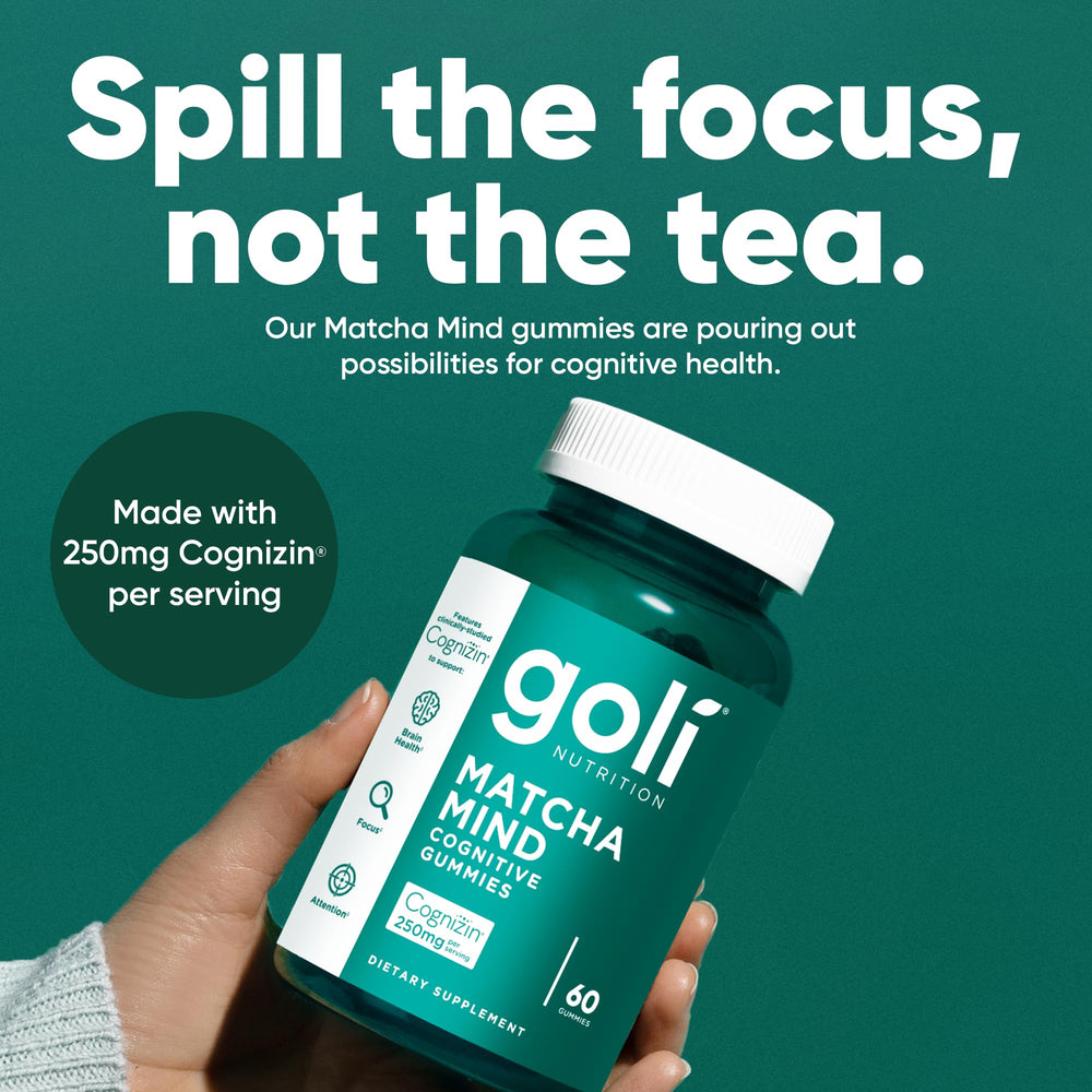 Goli Matcha Mind Gummies textured surface closeup for mindful snacking