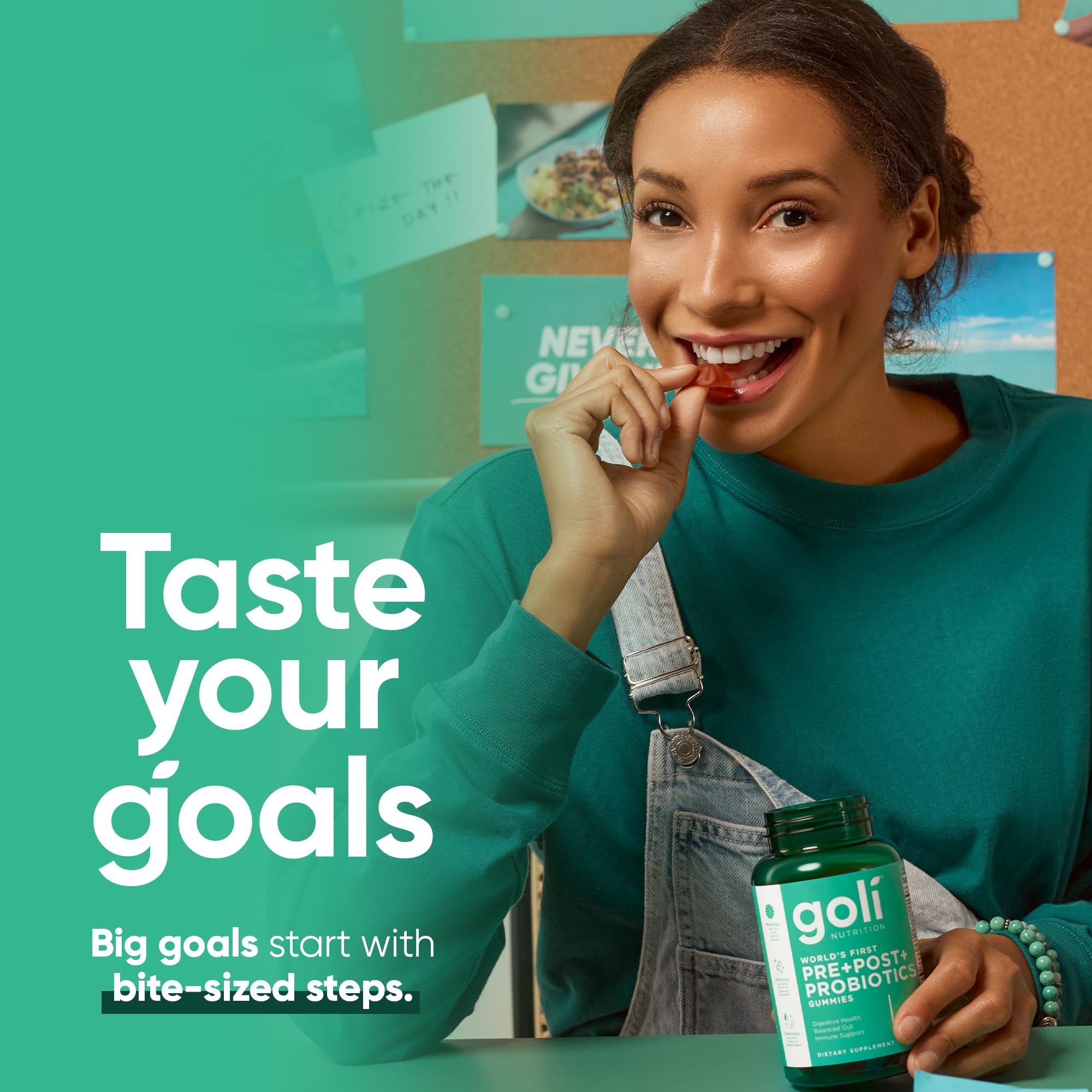 Goli Pre+Post+Probiotics bottle with glass to suggest daily use