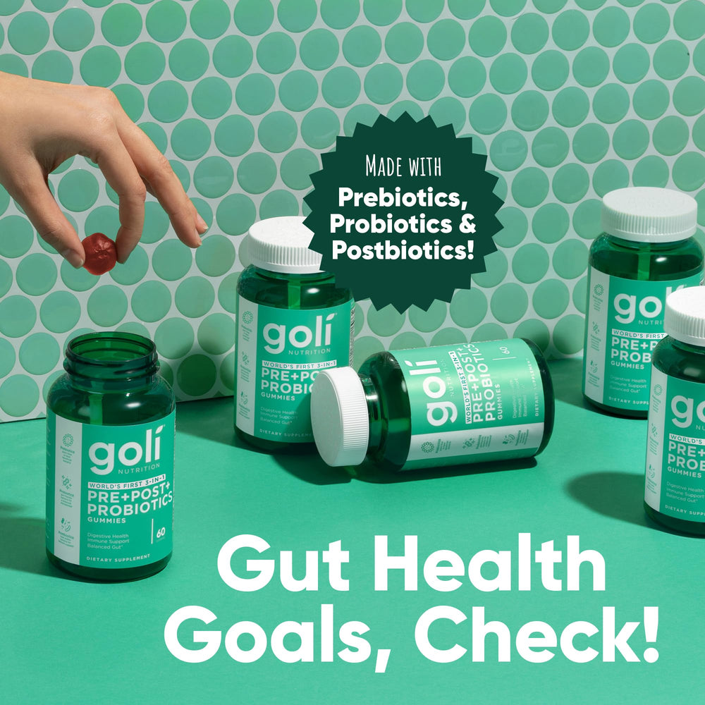 Goli Pre+Post+Probiotics gummies texture showing chewy vegan formula