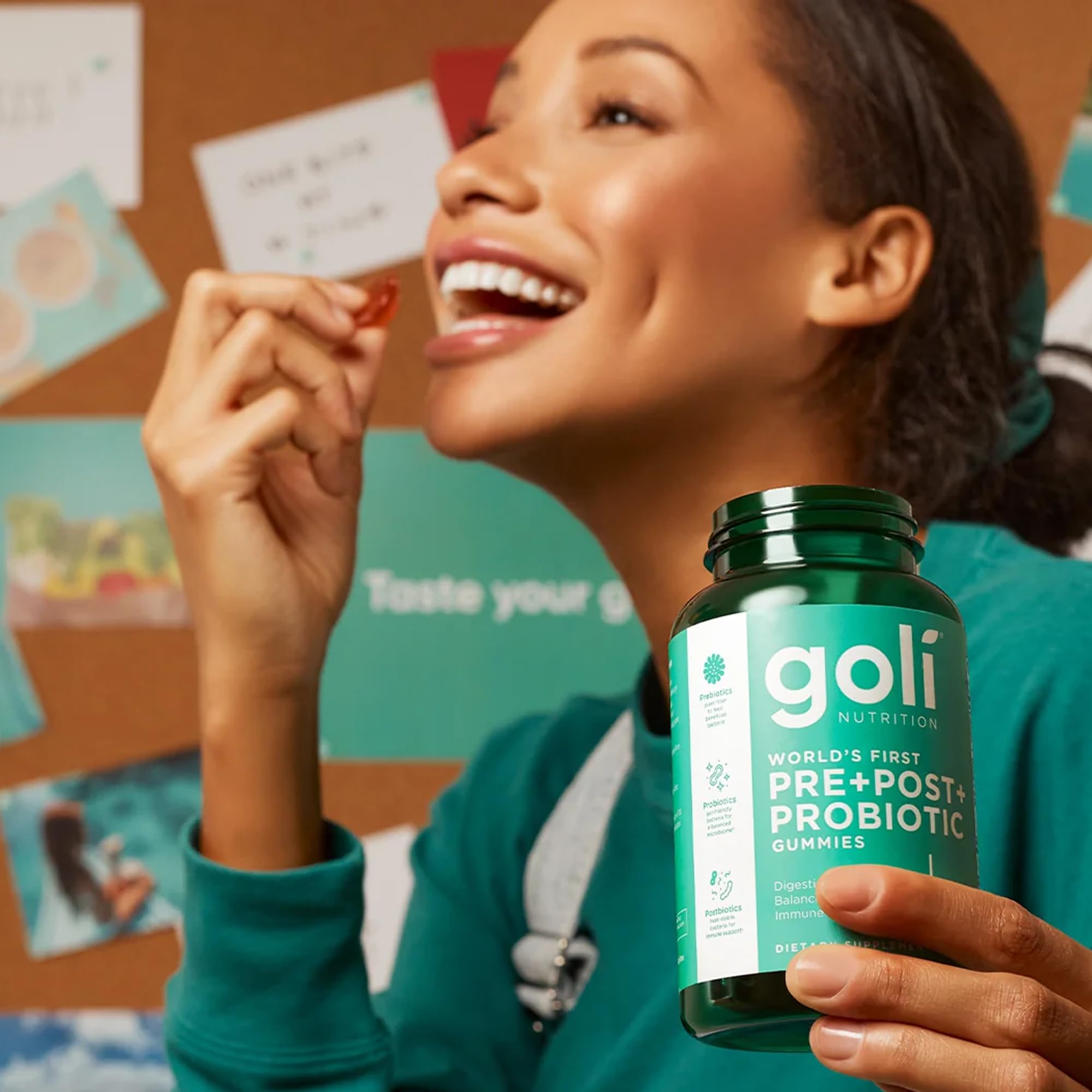 Goli Pre+Post+Probiotics label design highlighting vegan and non-GMO claims