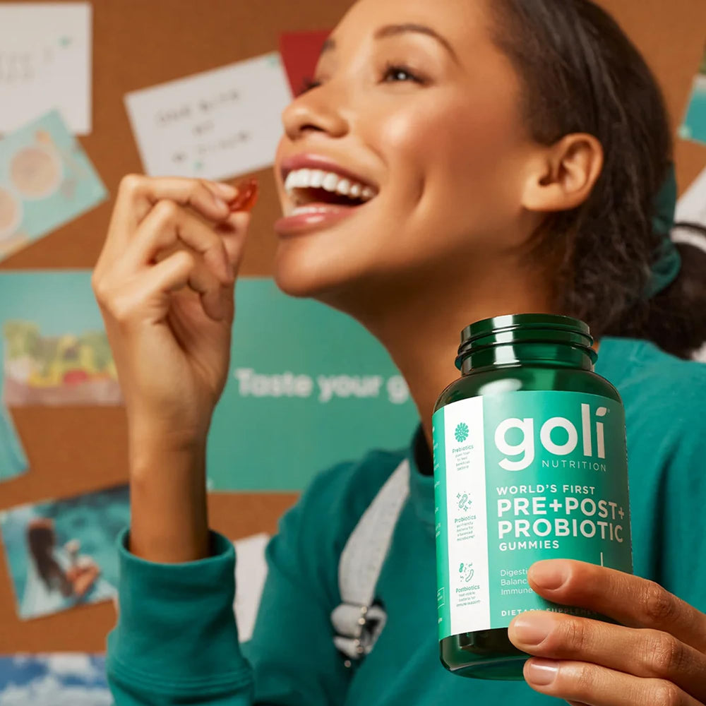 Goli Pre+Post+Probiotics label design highlighting vegan and non-GMO claims