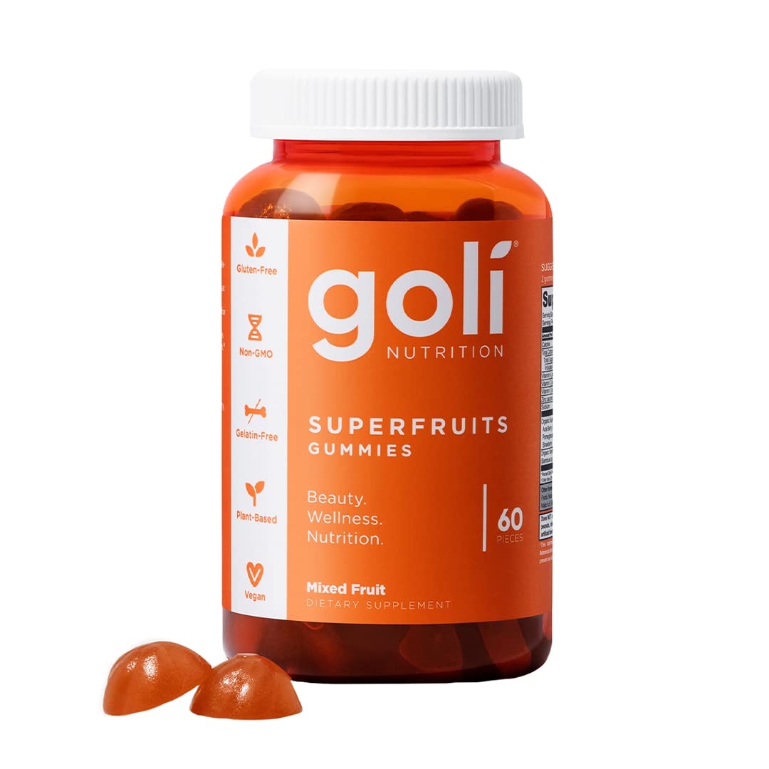 Goli Superfruits Gummies bottle-front view signaling vegan wellness on the go