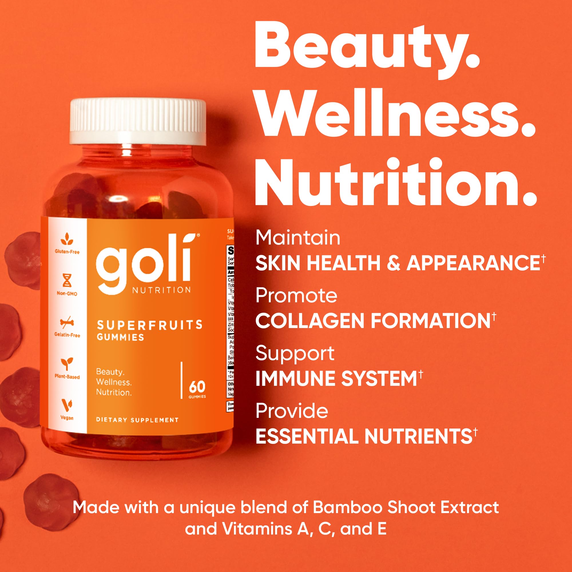 Goli Superfruits Gummies label highlights vegan formulation for daily beauty support