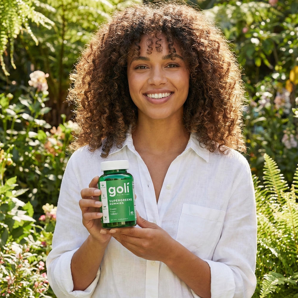 Goli Supergreens Gummies with barley grass for a wholesome greens boost.