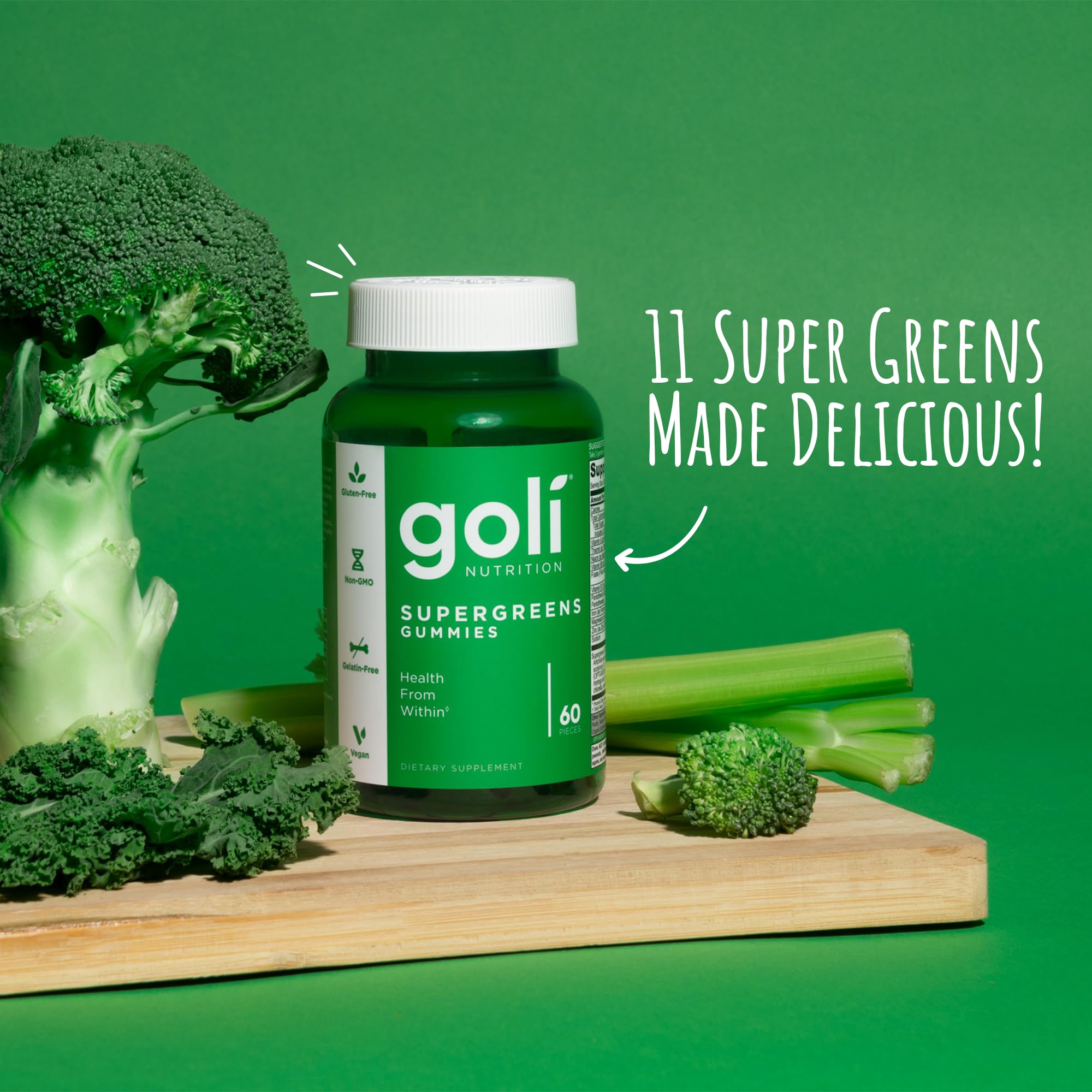 Goli Supergreens Gummies featuring kale, spinach, and broccoli for convenient greens.