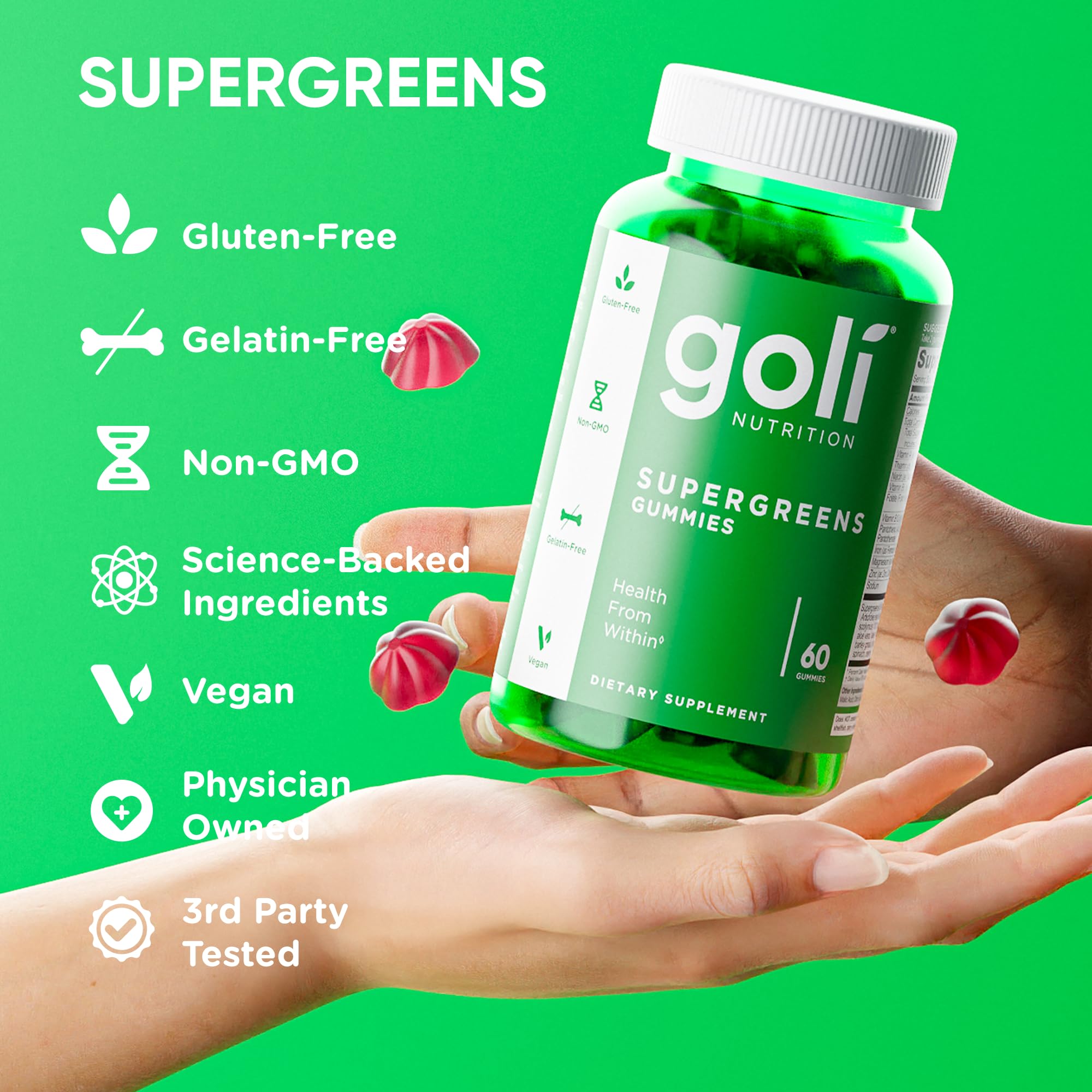 Goli Supergreens Gummies with spinach for on-the-go wellness.