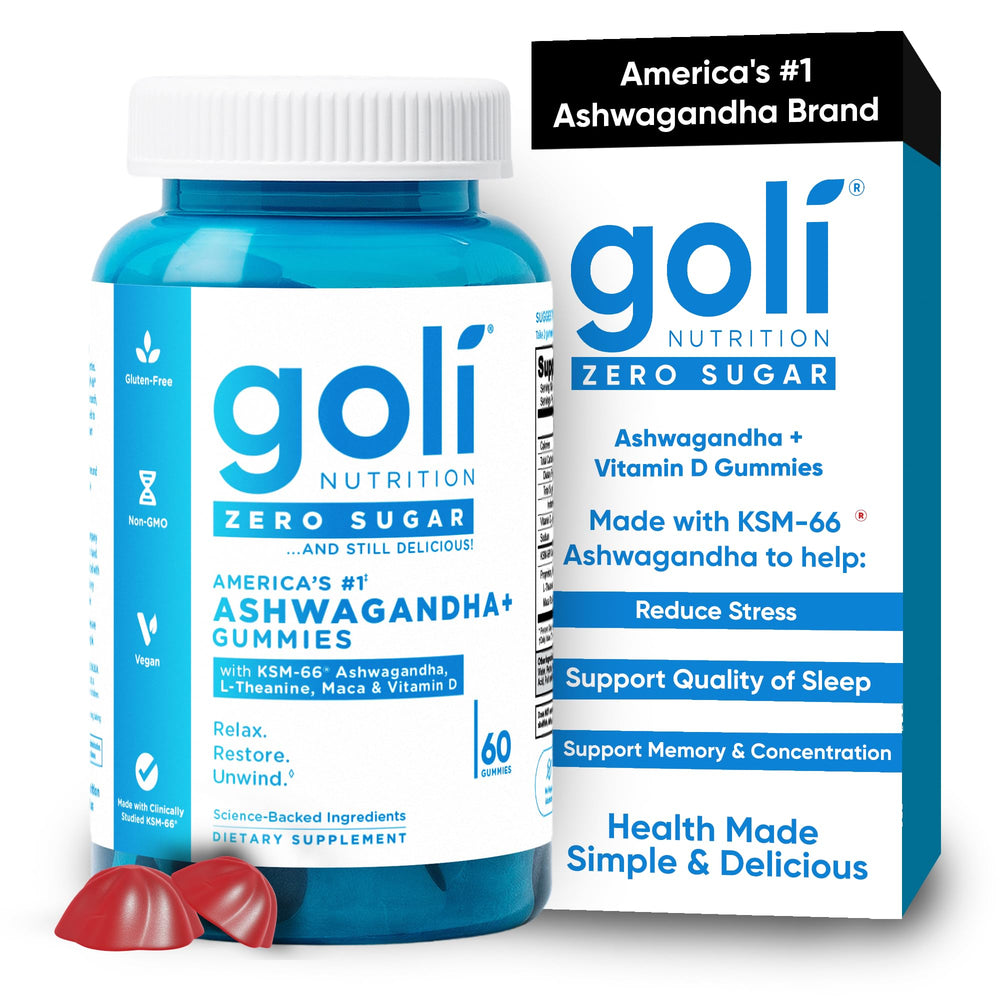 Goli Zero Sugar Ashwagandha Gummies bottle with KSM-66 for daily balance