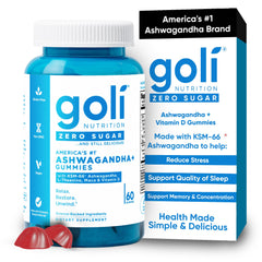 Goli Zero Sugar Ashwagandha Gummies bottle with KSM-66 for daily balance