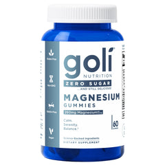 Goli Zero Sugar Magnesium Gummies bottle on a counter supports daily wellness and bone health