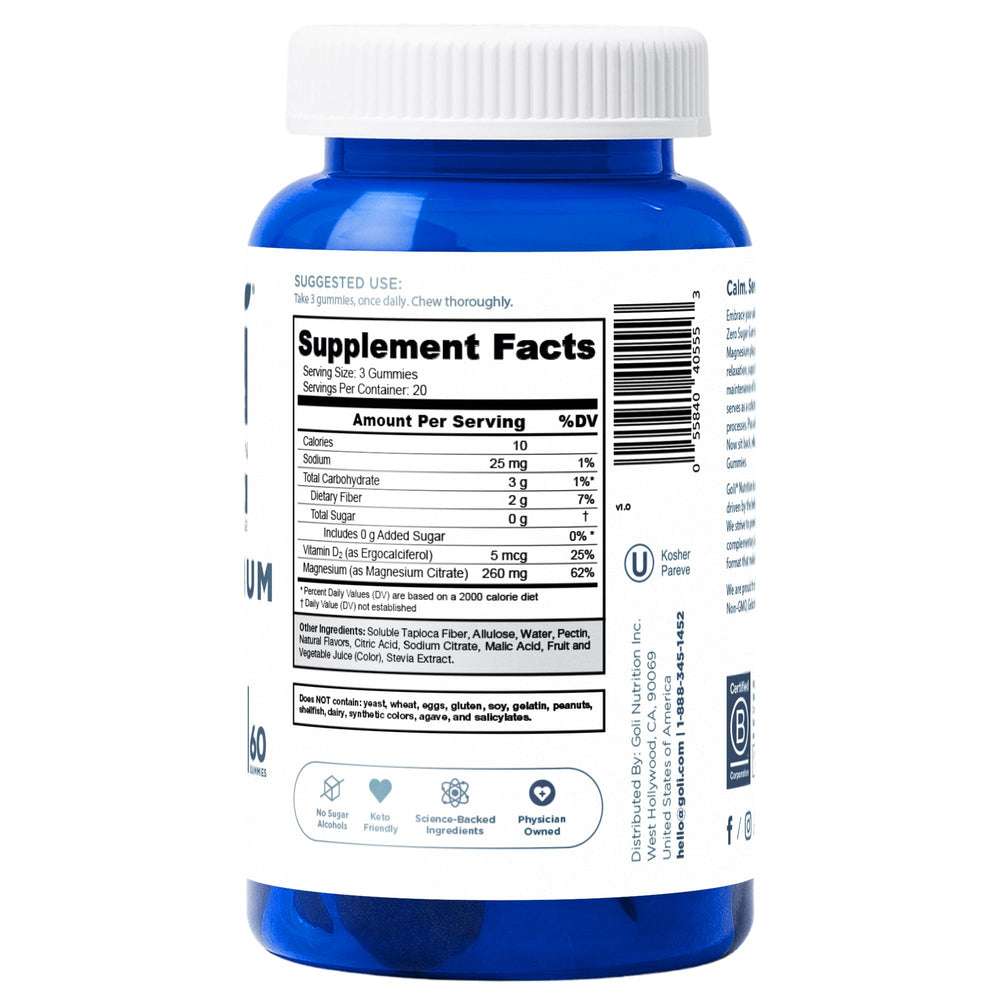 Goli Zero Sugar Magnesium Gummies being poured emphasizes easy, portable magnesium routine with vitamin D