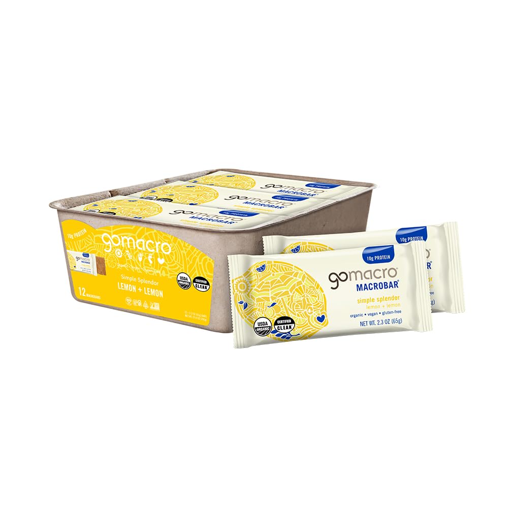 GoMacro MacroBar Lemon + Lemon packaging highlights a convenient on-the-go plant-based snack.