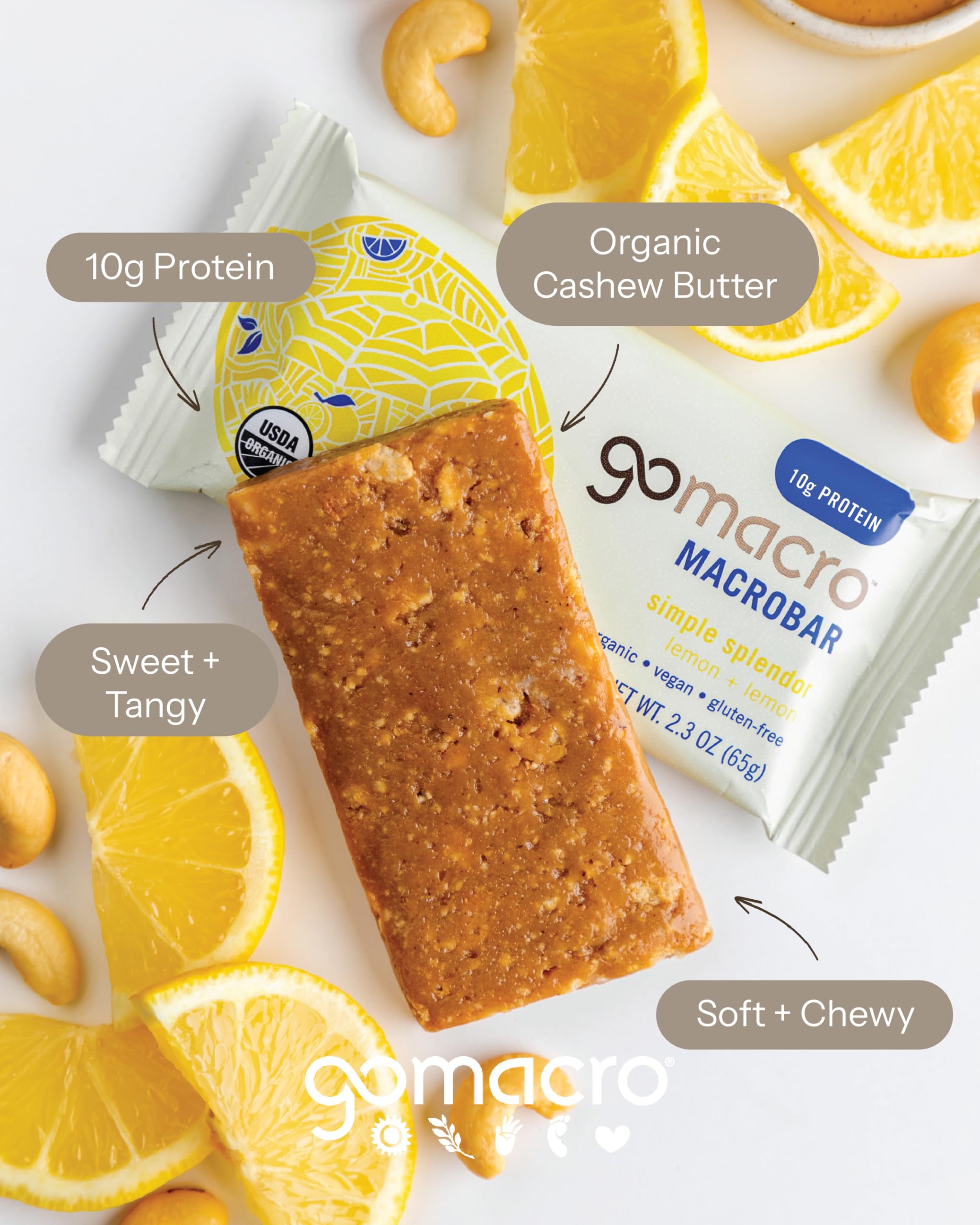 MacroBar Lemon + Lemon texture featuring puffed brown rice for a satisfying crunch.