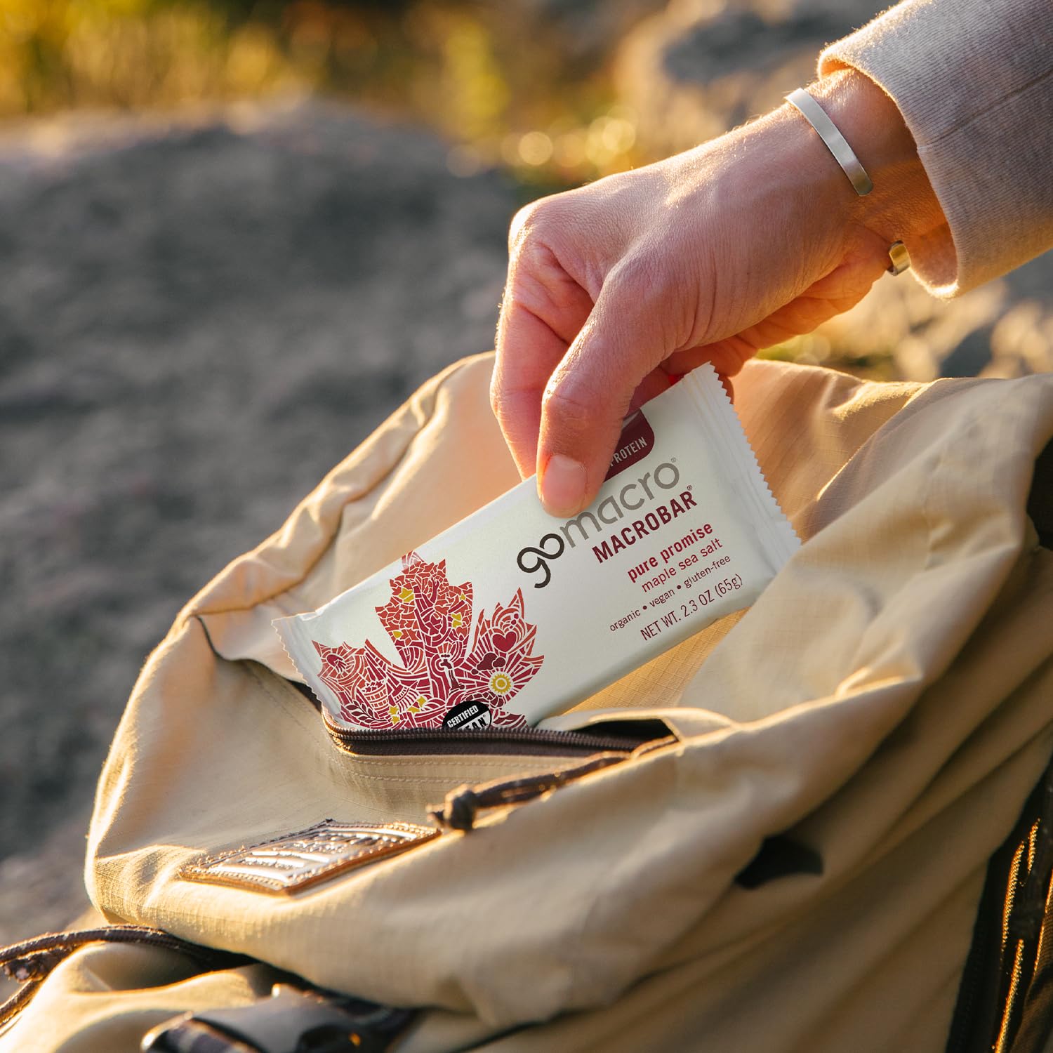 GoMacro MacroBar Maple Sea Salt on the go in a compact bar.