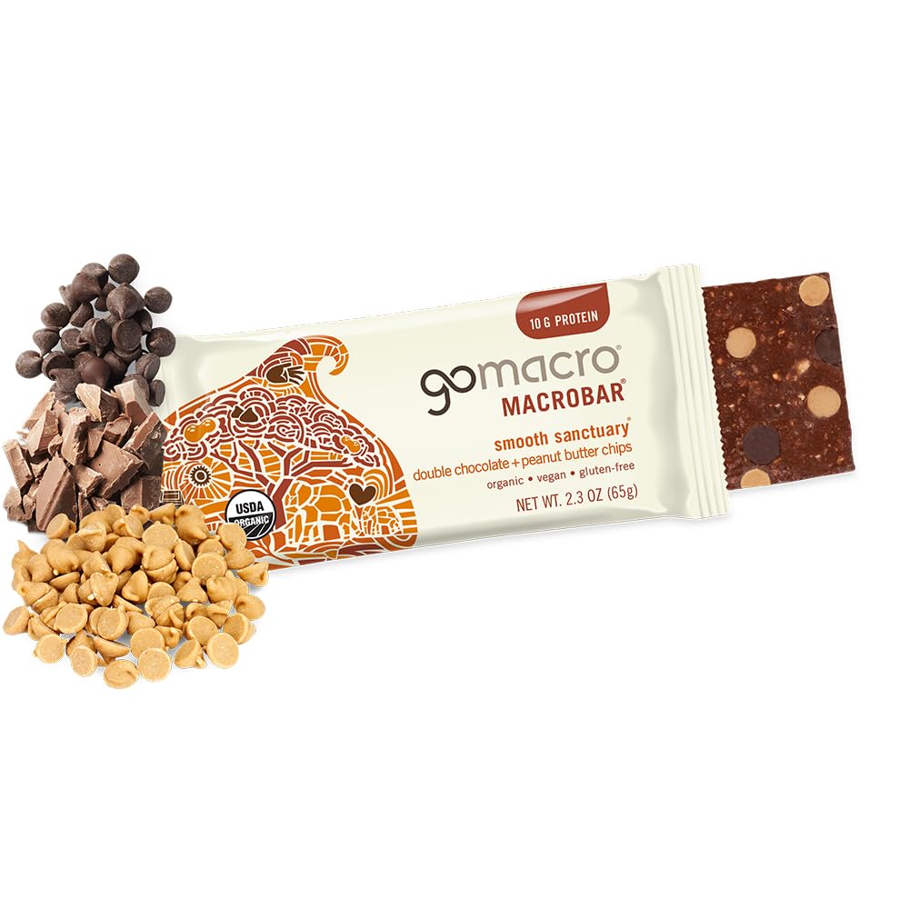 GoMacro MacroBar packaging highlights vegan, organic, and gluten-free certifications.