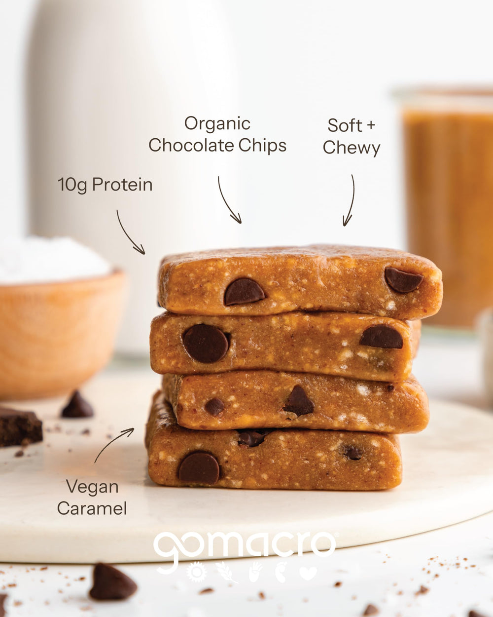 GoMacro MacroBar Salted Caramel Chips closeup; chewy caramel texture with vegan chips.