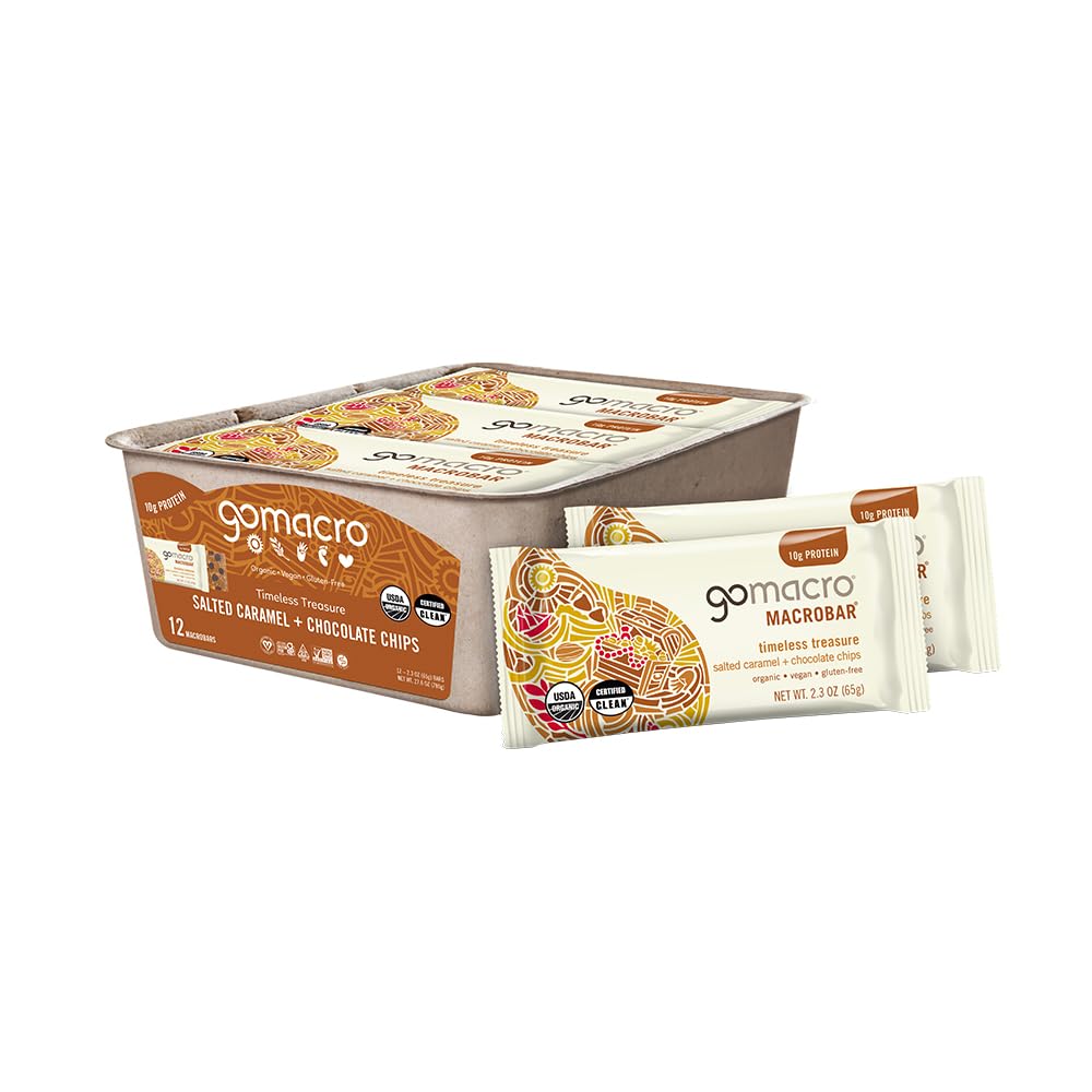 GoMacro MacroBar Salted Caramel Chips bar front; ideal for on-the-go vegan protein.