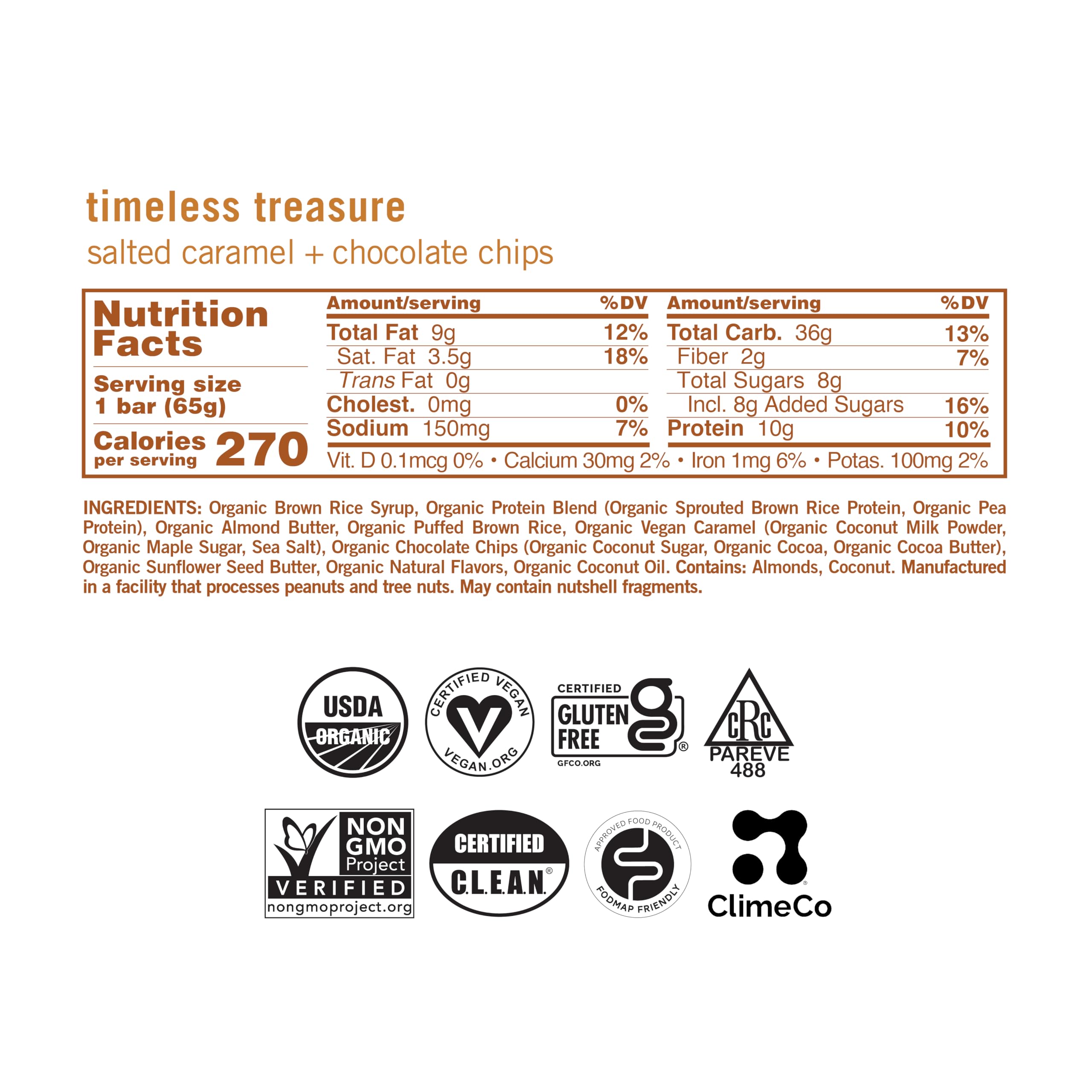 GoMacro MacroBar Salted Caramel Chips nutrition panel; 10 g plant-based protein for sustained energy.