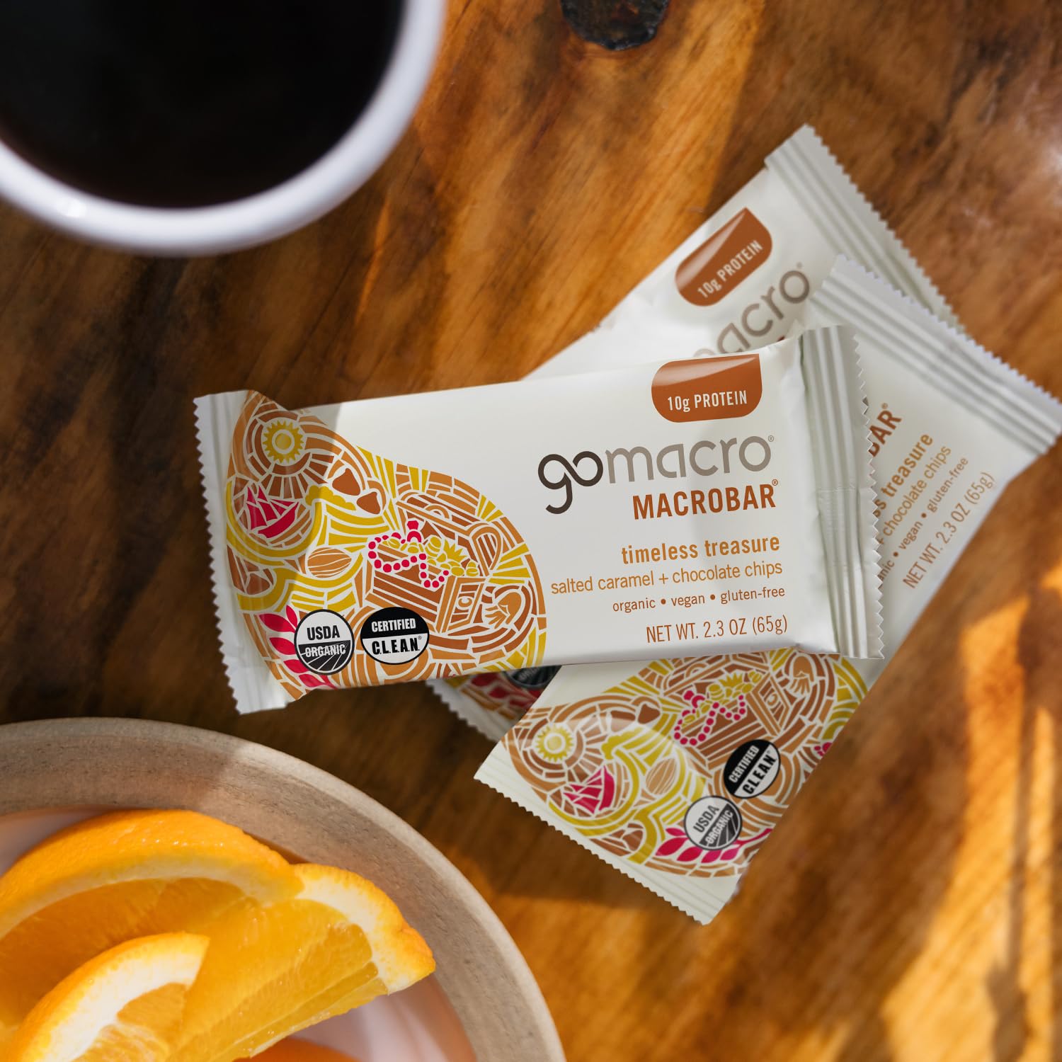 GoMacro MacroBar Salted Caramel Chips ingredients list with clean, recognizable vegan components.