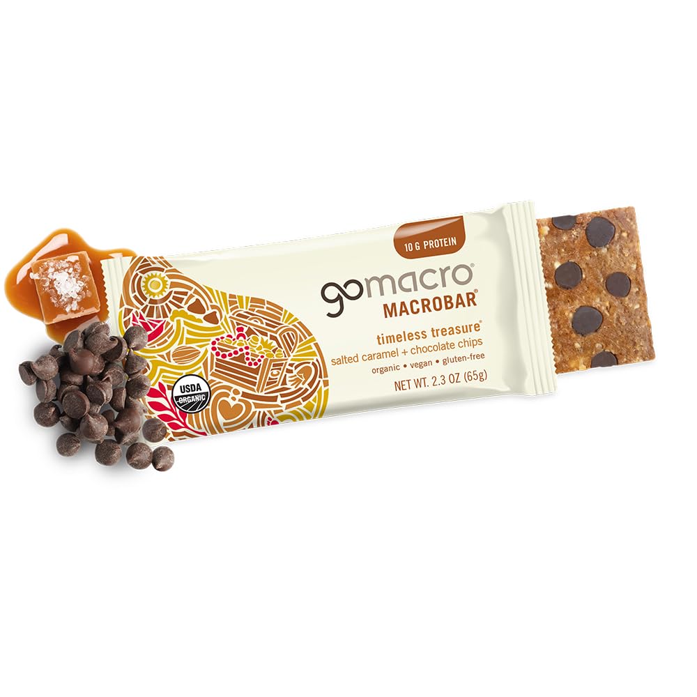 GoMacro MacroBar Salted Caramel Chips package label shows organic and vegan credentials.
