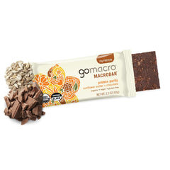 GoMacro MacroBar Sunflower Butter + Chocolate provides 10g plant-based protein per bar.