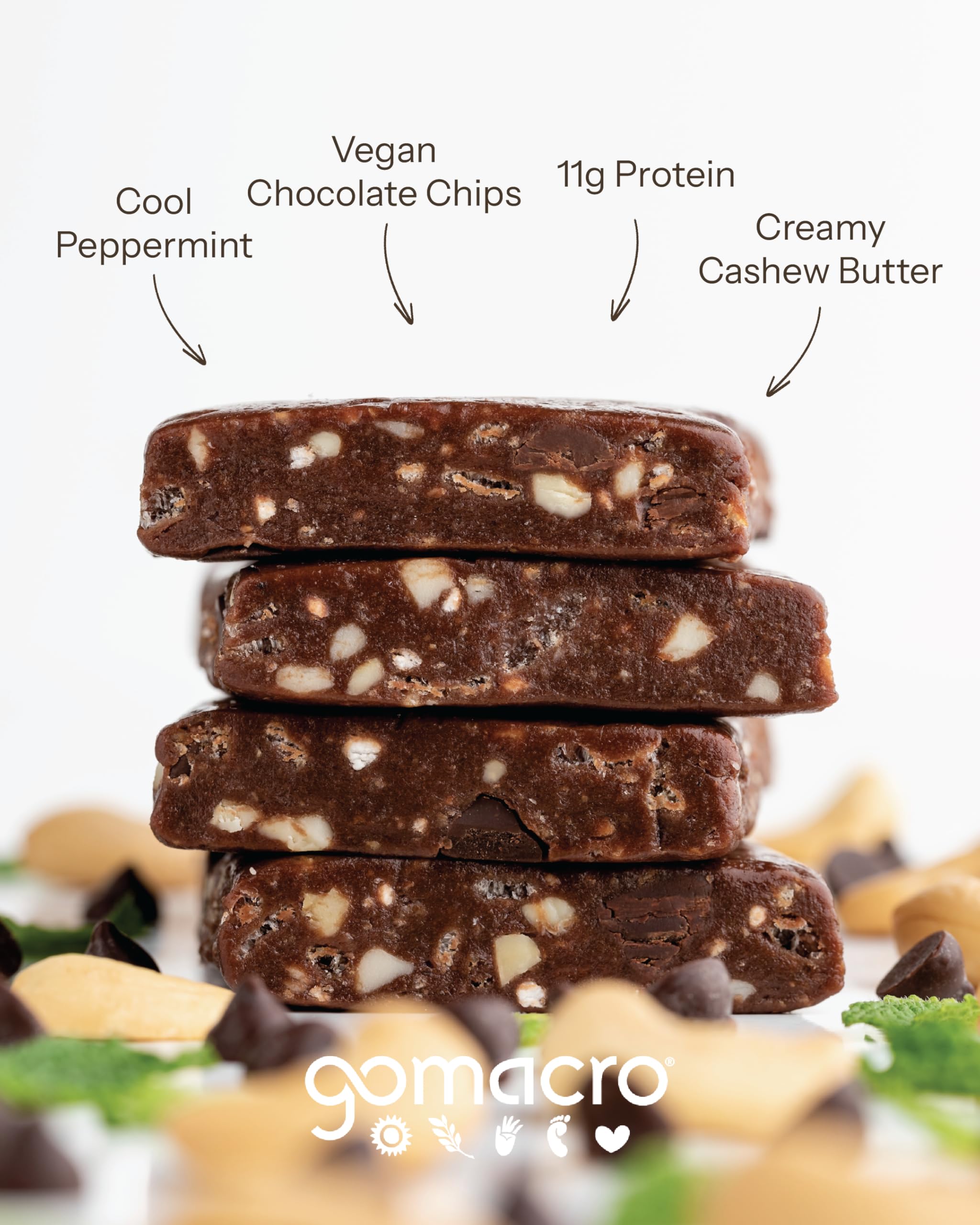 Ingredients list from GoMacro Mint Chocolate Chip MacroBar emphasizing organic cashew butter.