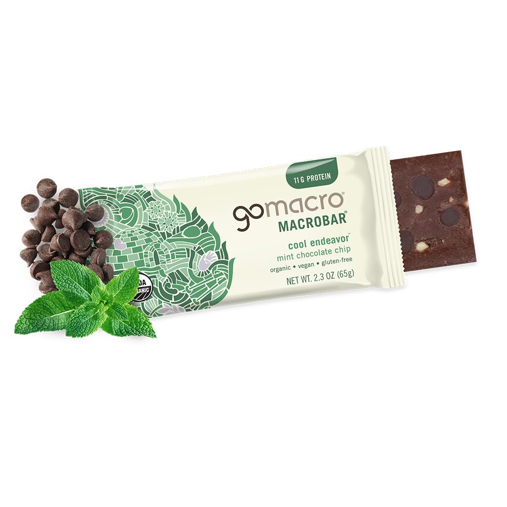 GoMacro Mint Chocolate Chip MacroBar on-the-go packaging highlighting organic ingredients.