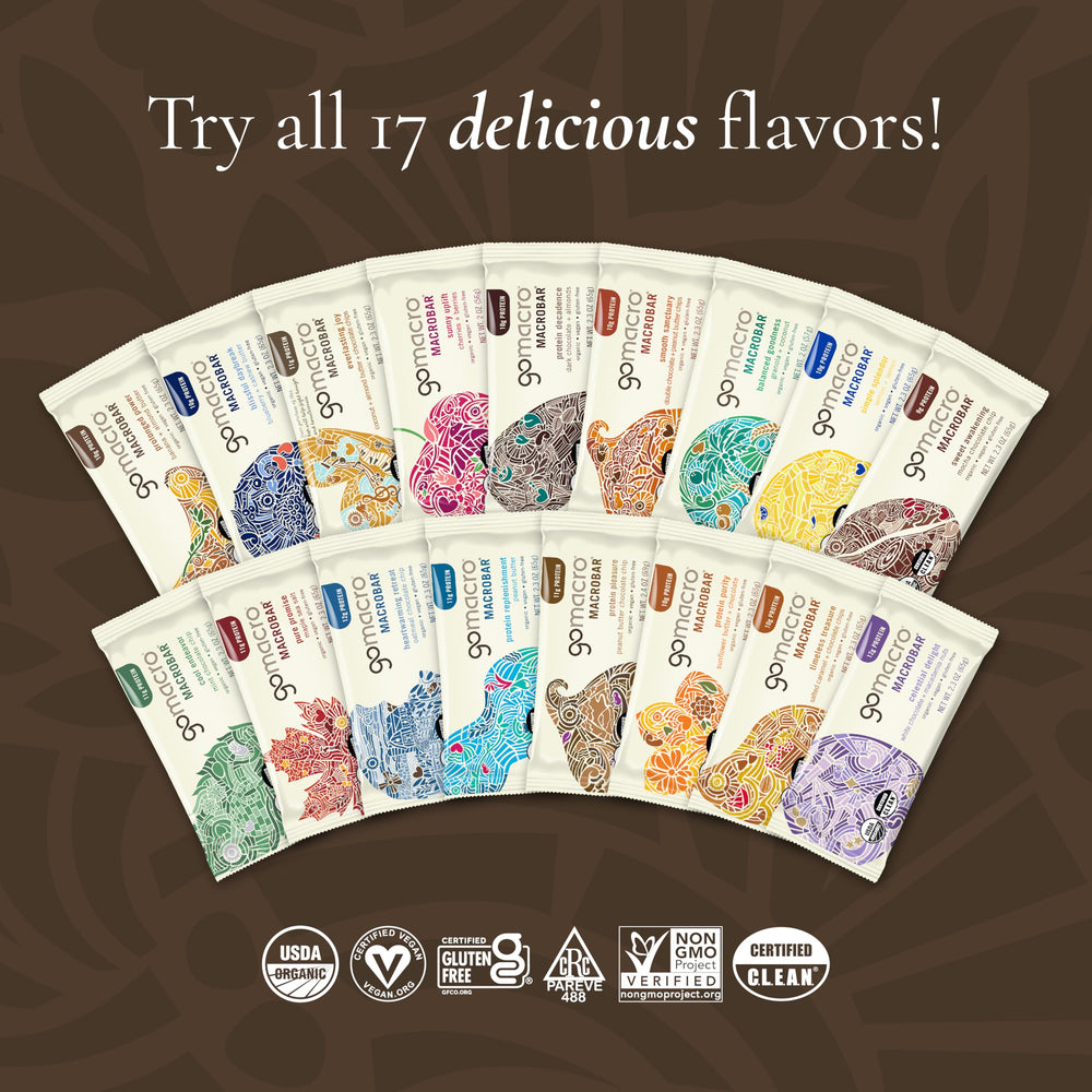 GoMacro plant-based protein bar lifestyle shot suggesting balanced, busy-day snacking.