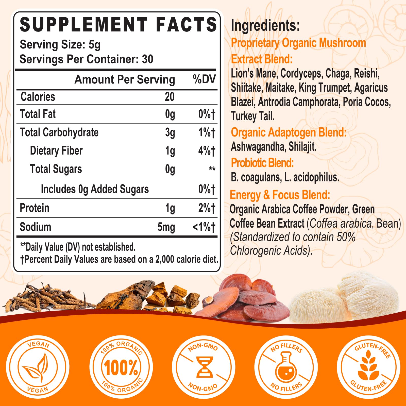 Gomhoreye Mushroom Coffee jar label highlights organic, non-GMO blend and adaptogens.