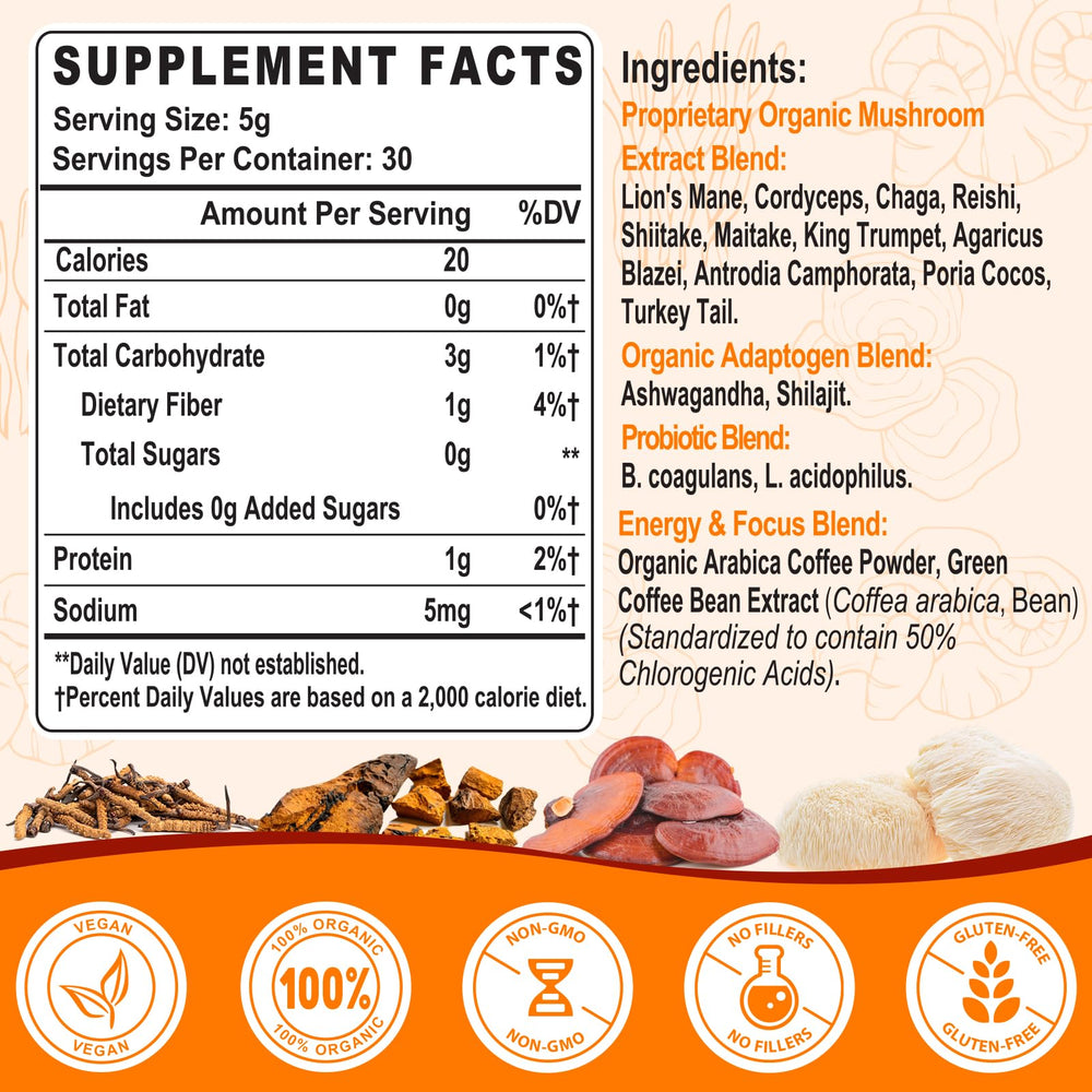 Gomhoreye Mushroom Coffee jar label highlights organic, non-GMO blend and adaptogens.