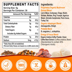 Gomhoreye Mushroom Coffee jar label highlights organic, non-GMO blend and adaptogens.