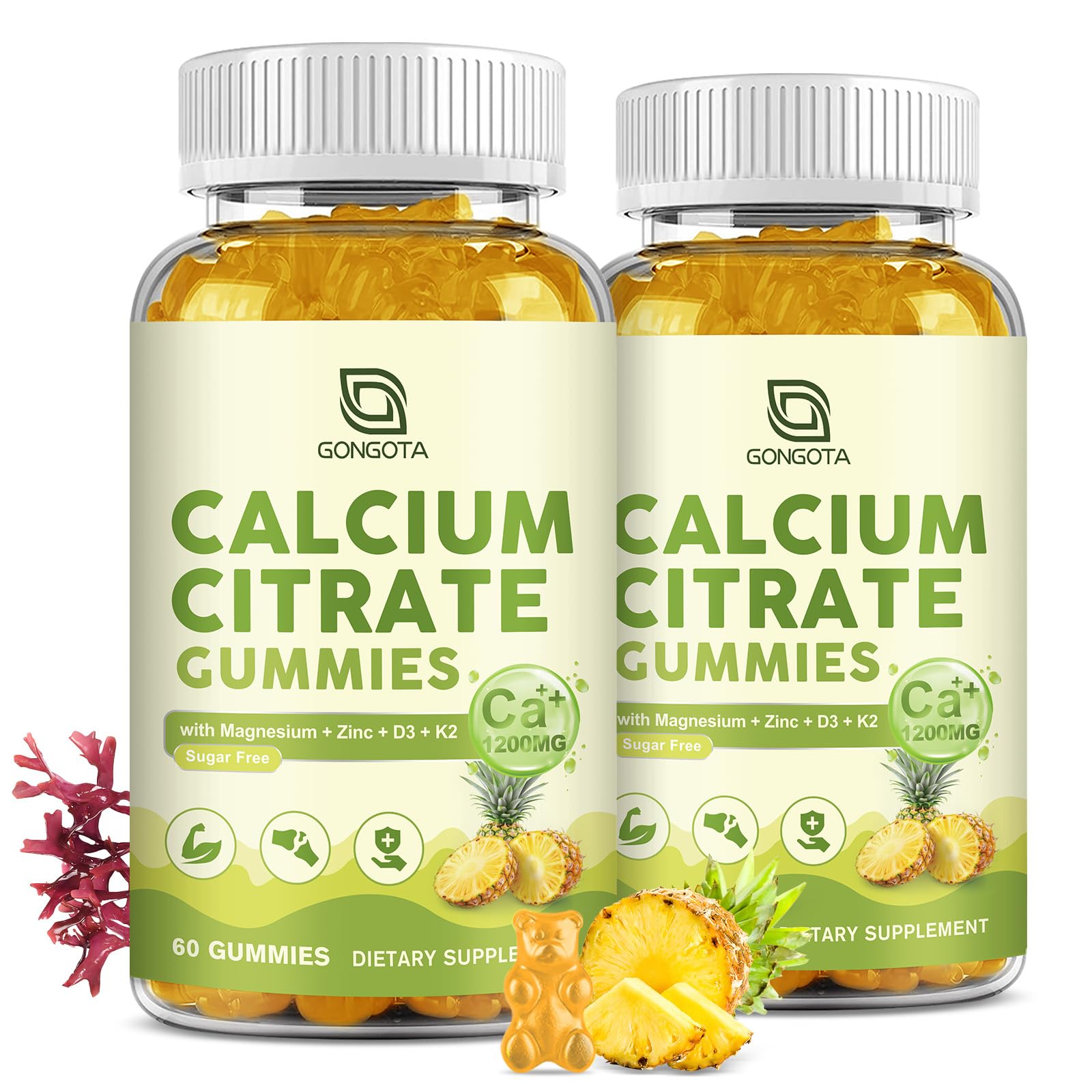 GONGOTA calcium citrate bottle with pineapple gummies for bone health support