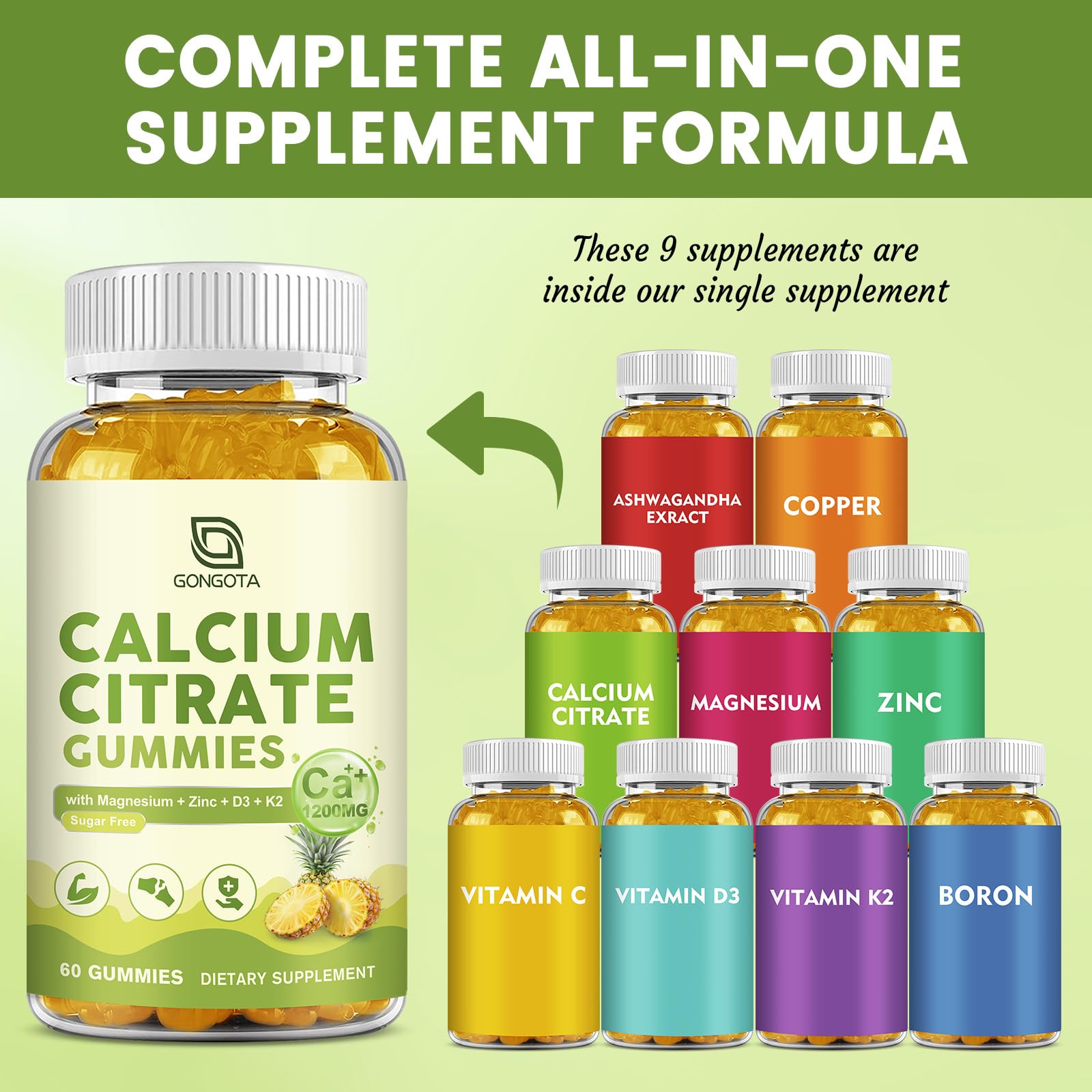 GONGOTA calcium citrate gummies close-up showing chewy texture and pineapple flavor