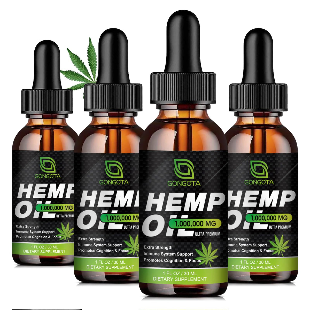 GONGOTA high-potency hemp oil bottle with dropper showing premium texture and relaxation support.